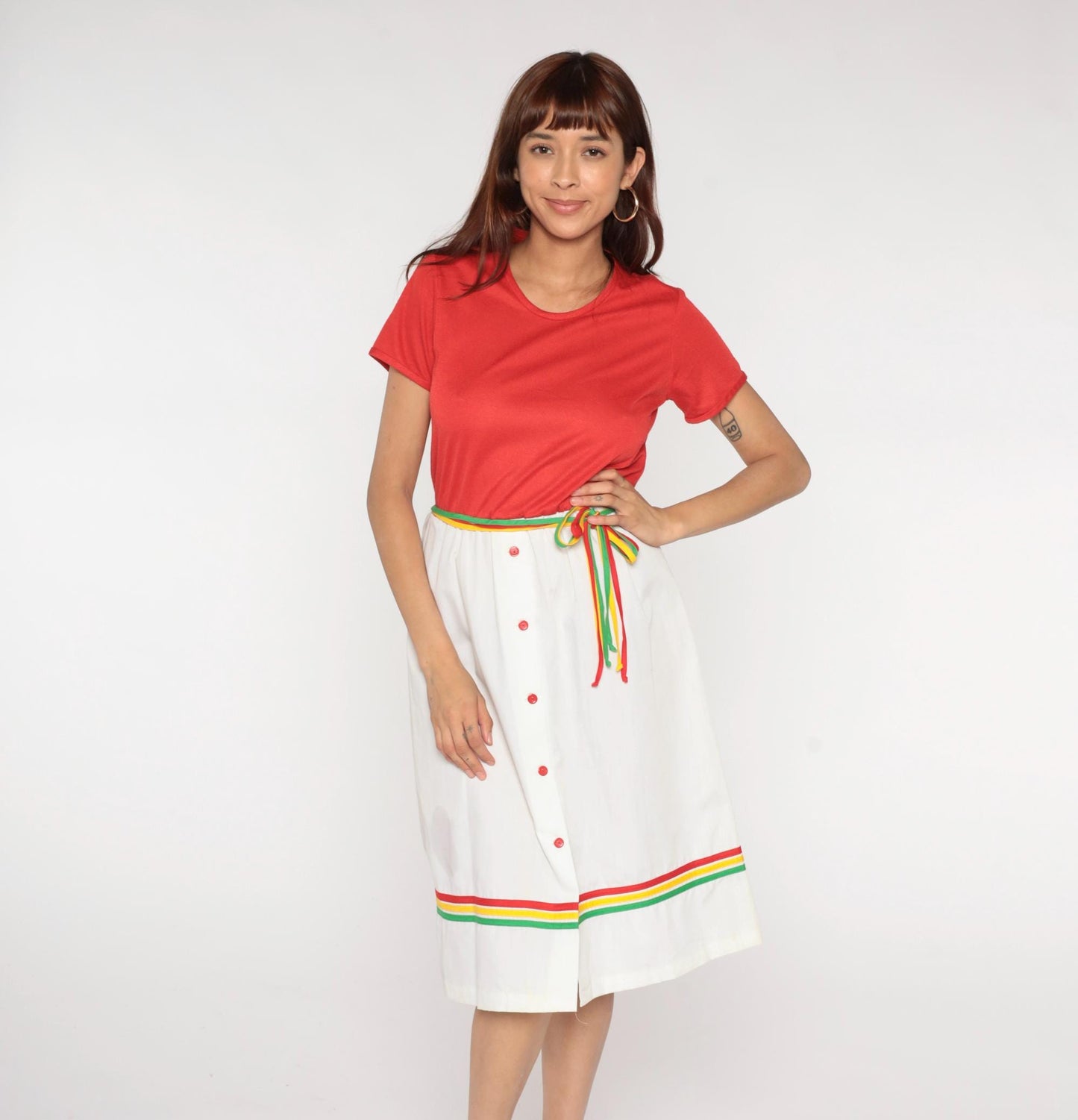 80s Star Shine Colorblock Dress Coral White Rainbow Stripe Belt Large