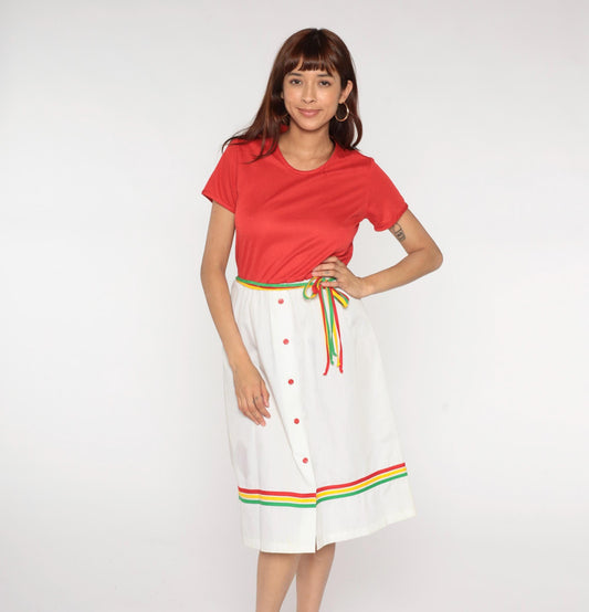 80s Star Shine Colorblock Dress Coral White Rainbow Stripe Belt Large