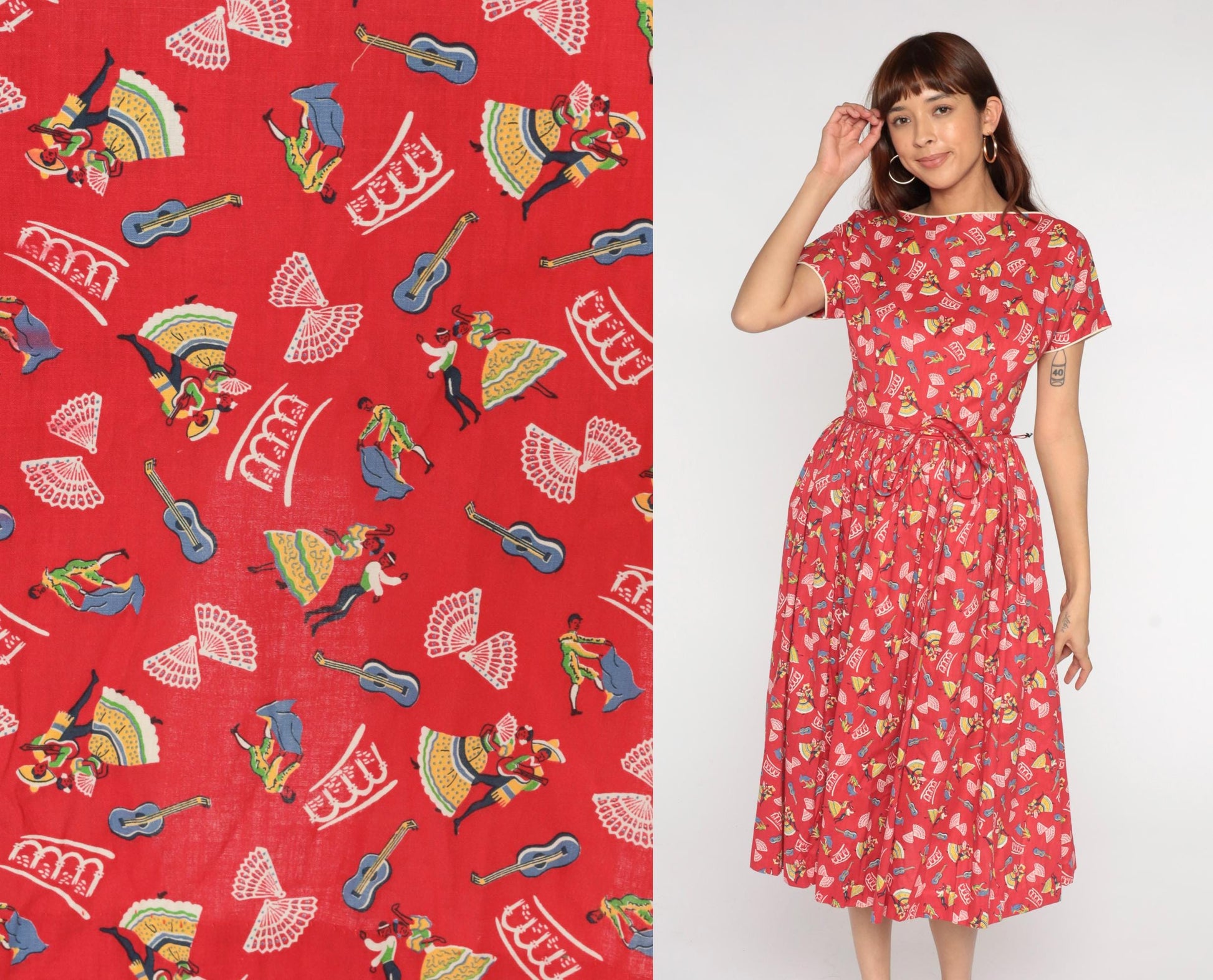 60s Red Novelty Print Dress Mexican Dancer Guitar Boat Neck Medium M