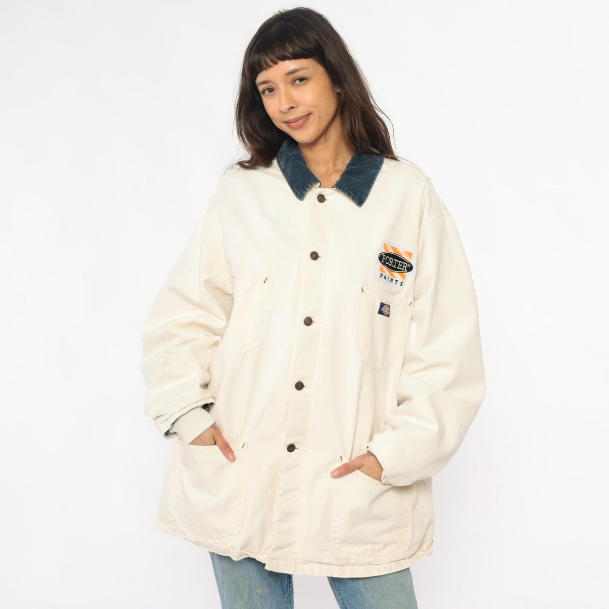 90s Dickies Porter Paints Work Jacket Cream Corduroy Collar Flannel Lined Extra Large