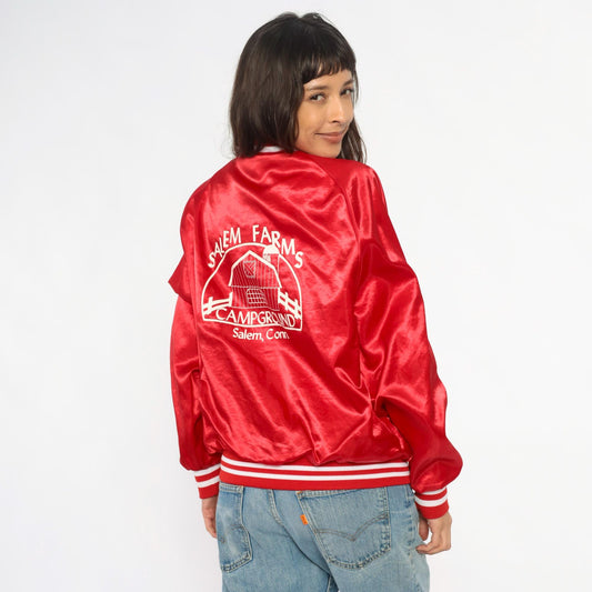 90s Red Satin Bomber Jacket Embroidered Salem Farms Campground Connecticut Large