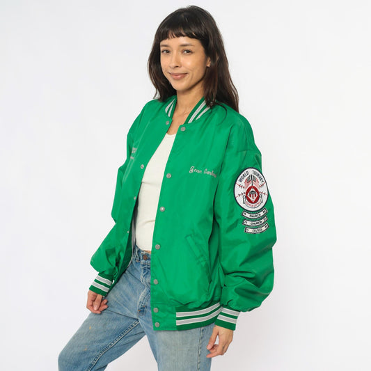 80s Green Varsity Bomber Jacket Embroidered Patches Snap Front Extra Large XL