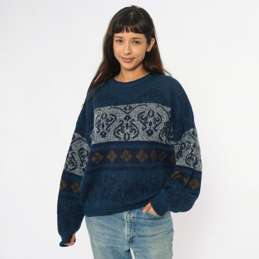 90s Fair Isle Sweater Navy White Gold Geometric Knit Crewneck Large L