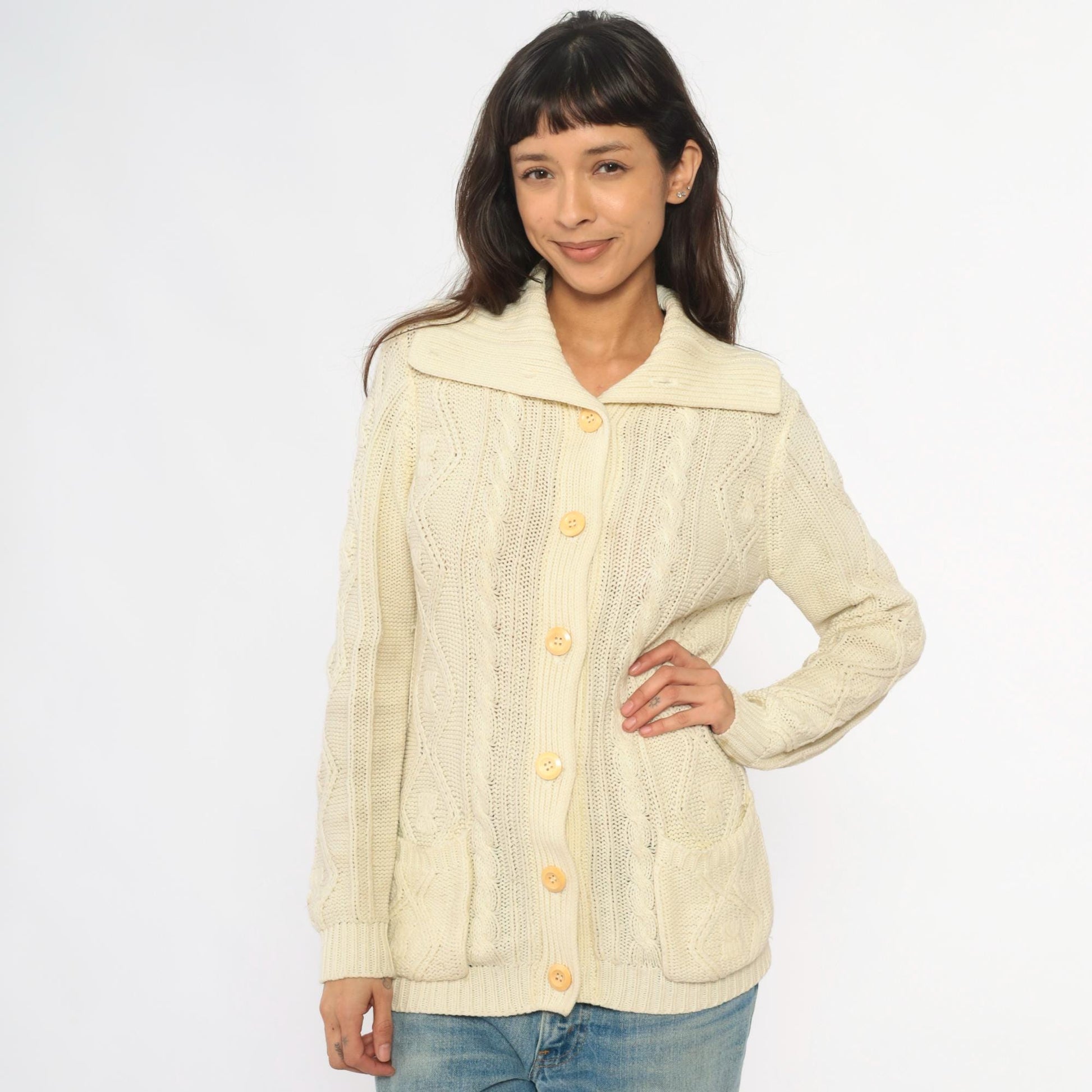 70s Cable Knit Cardigan Cream Shawl Collar Patch Pockets Small