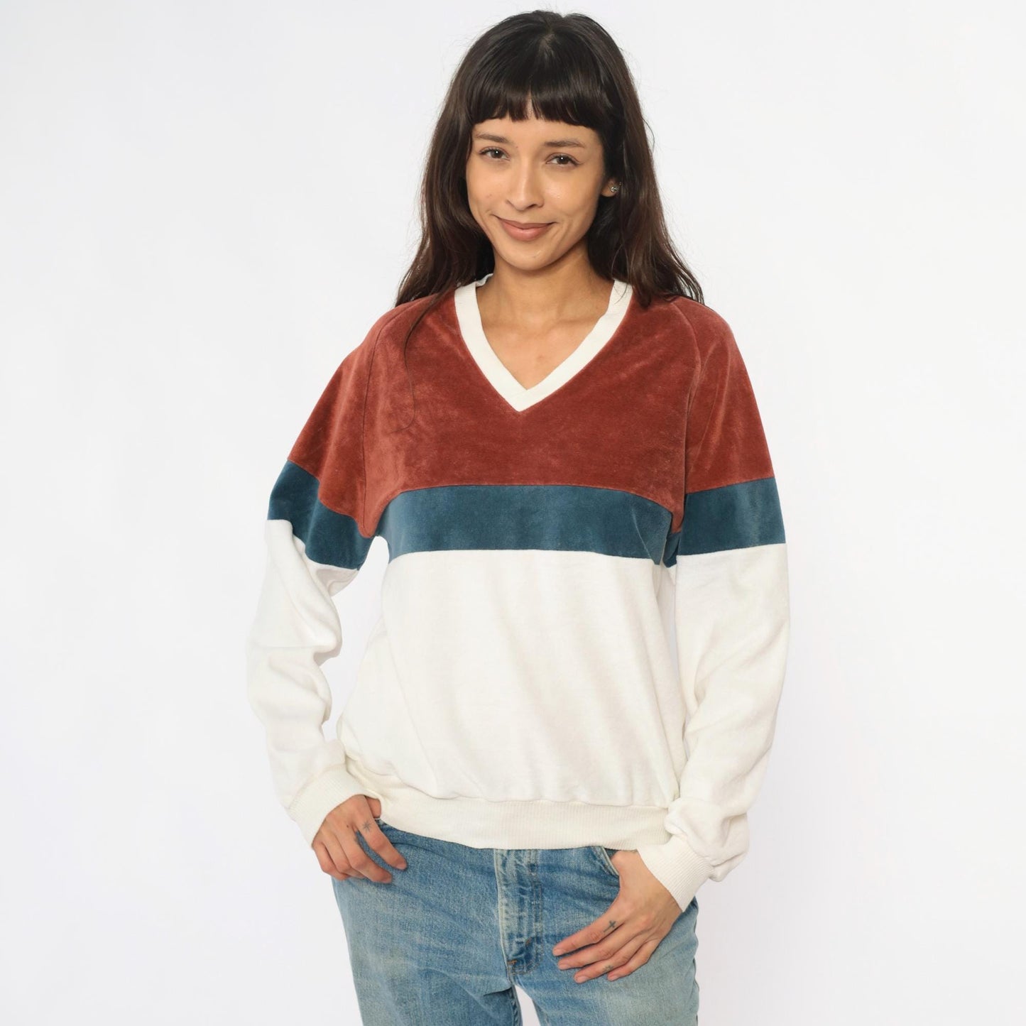 80s Expressions Velour Sweatshirt Color Block Brown Teal Cream Raglan Medium