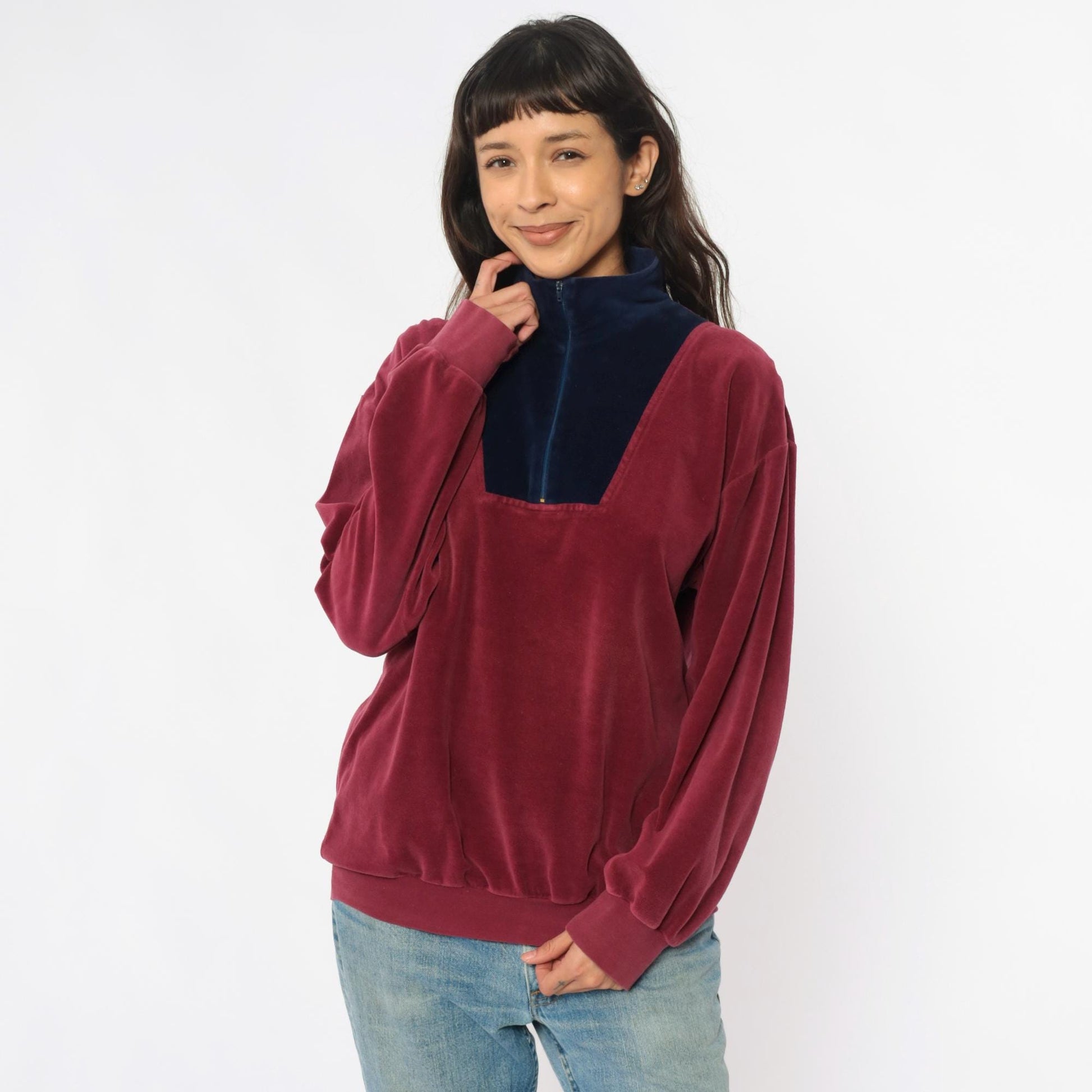 80s Velour Pullover Burgundy Navy Colorblock Half Zip Collared Track Top Medium