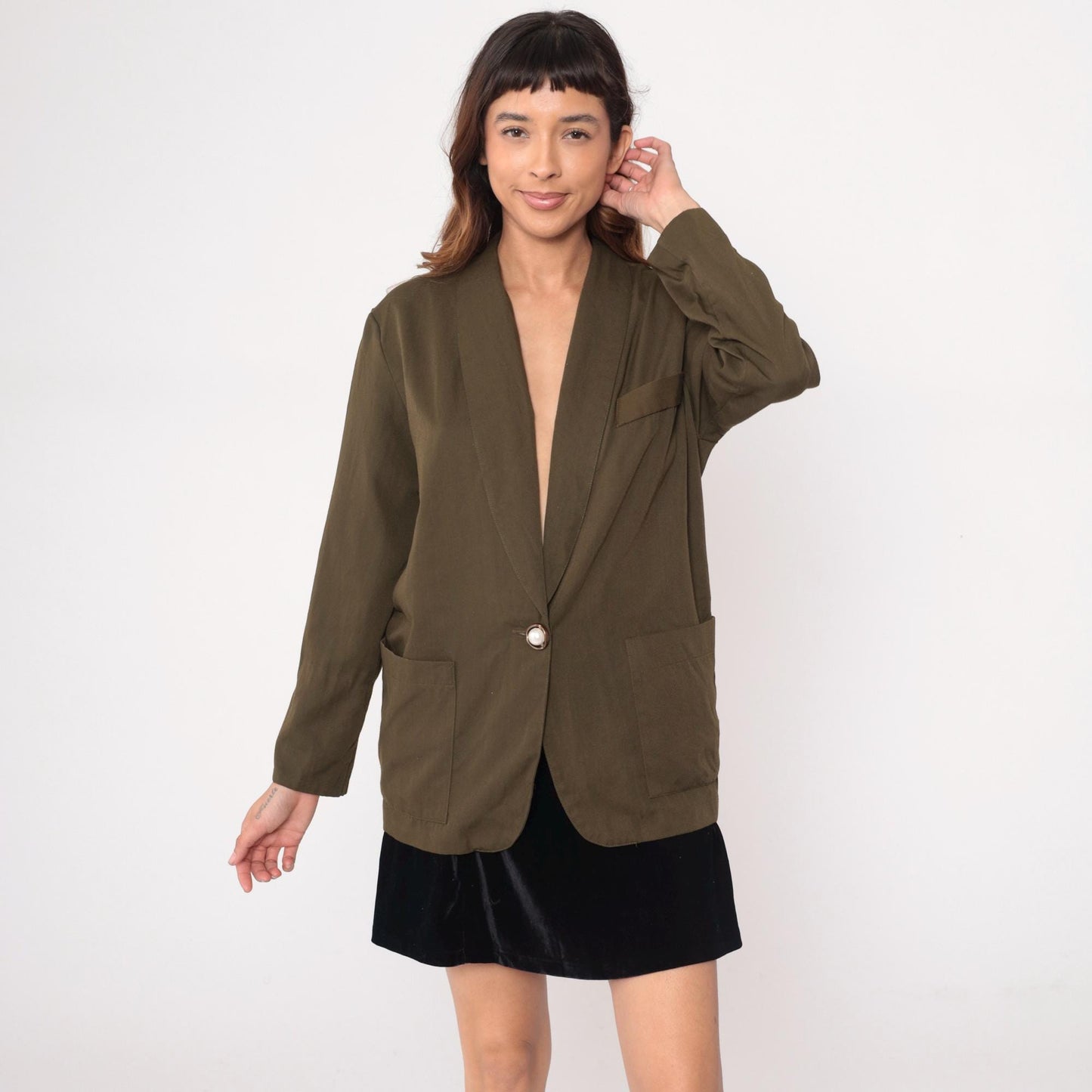 90s Olive Green Blazer Single Button Shawl Collar Jacket Medium M