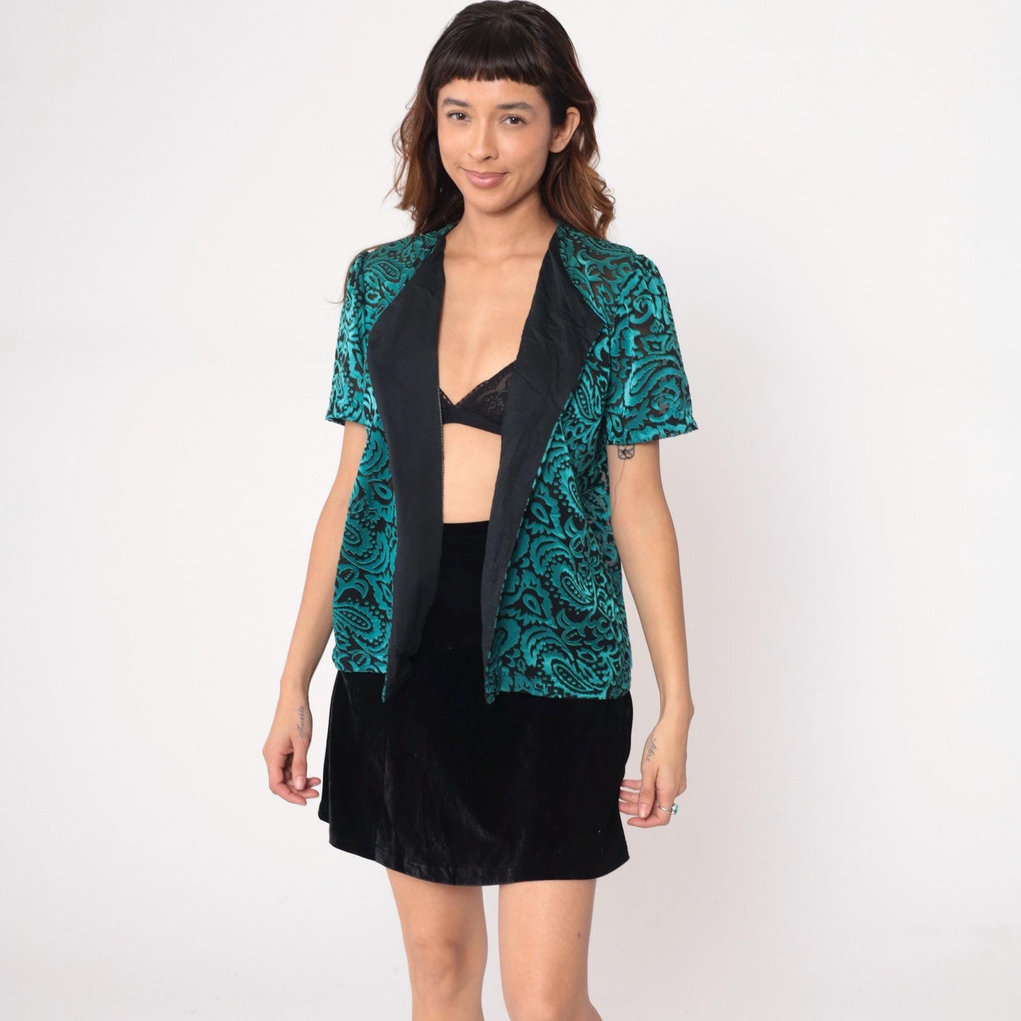 90s Turquoise Paisley Velvet Cardigan Black Trim Short Sleeve Open Front Medium M