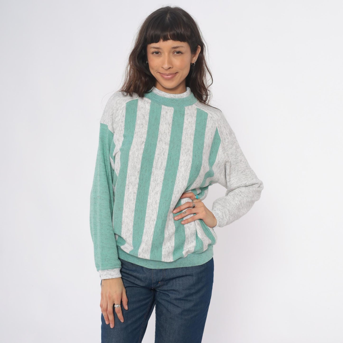 90s Aileen Petites Striped Mock Neck Sweatshirt Teal Grey Medium