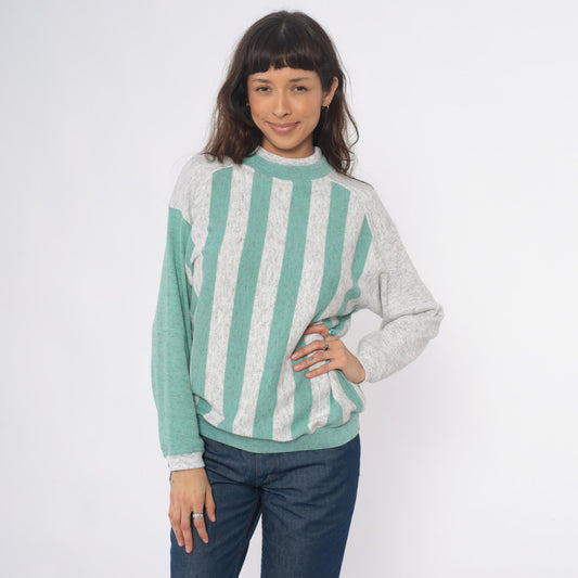 90s Aileen Petites Striped Mock Neck Sweatshirt Teal Grey Medium