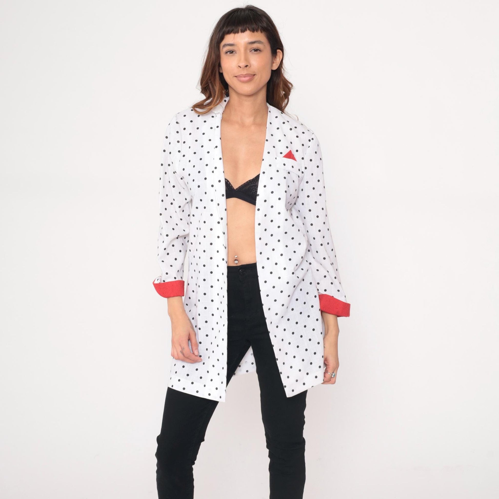 90s Just in Thyme Polka Dot Blazer White Black Red Cuffs Medium M