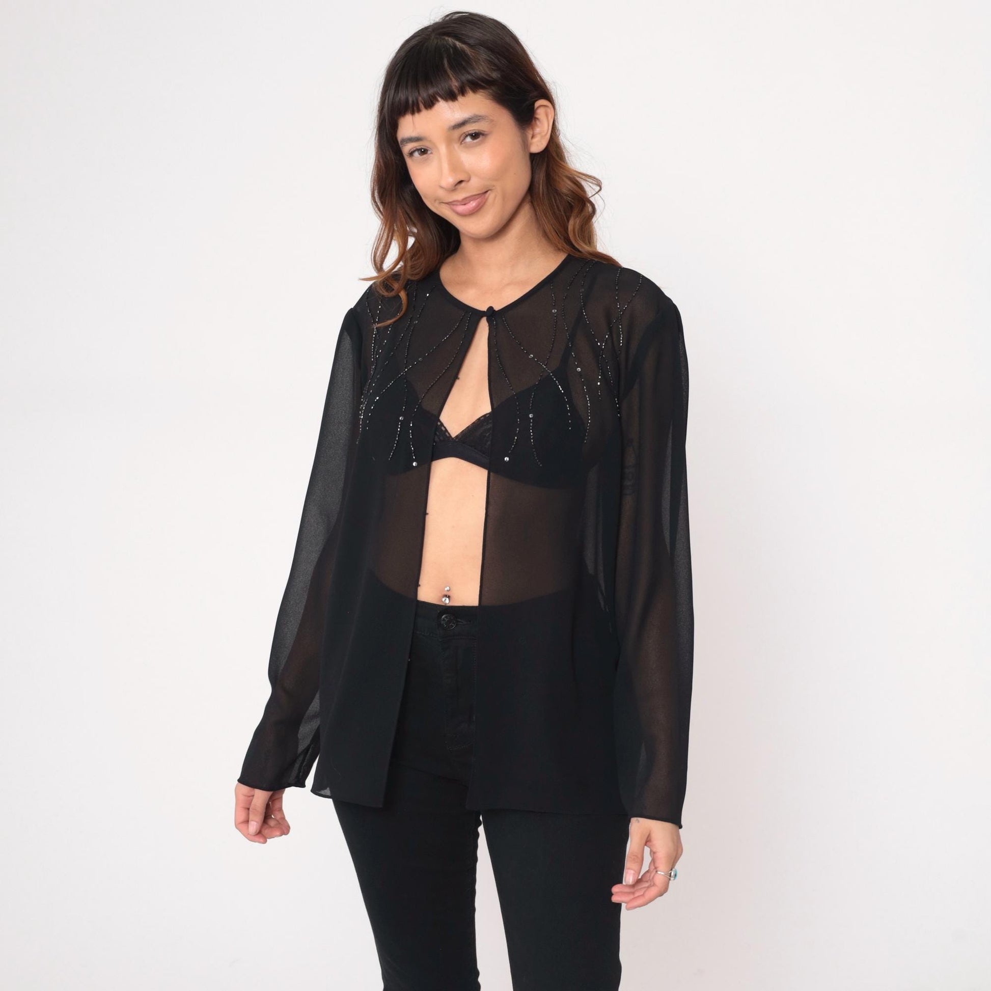 90s Adrianna Papell Black Beaded Blouse Keyhole Neckline Sheer Large L