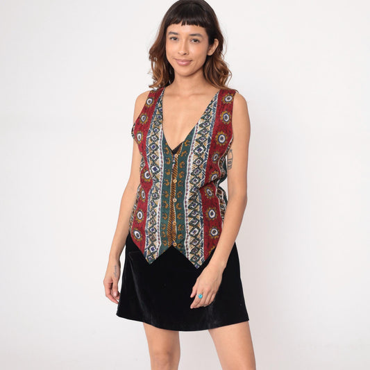 90s Bay Club Reversible Vest Geometric Stripe Deep V Burgundy Navy Teal Small
