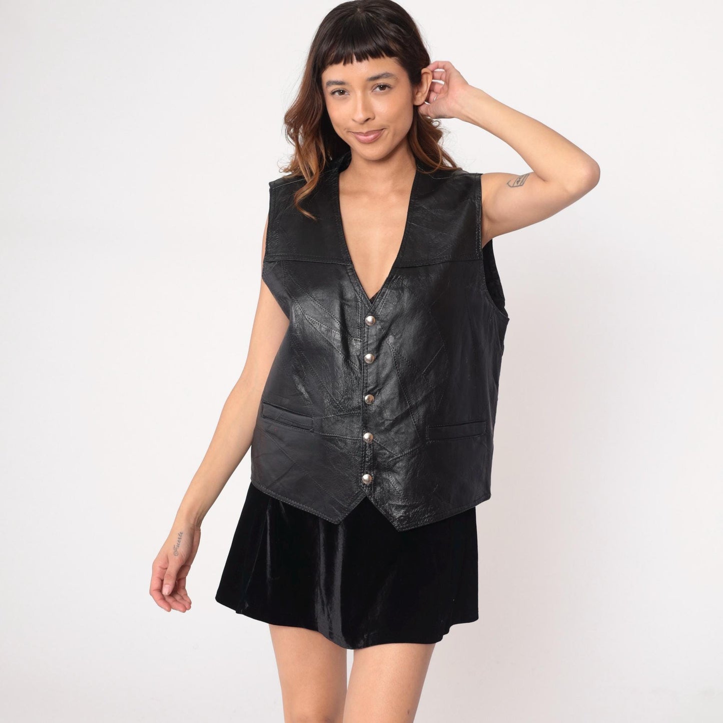 90s Black Leather Vest Button Front V-Neck Sleeveless Large L