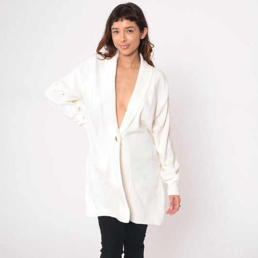 80s Southern Lady Cream Cardigan Shawl Collar Cable Knit Longline Medium M