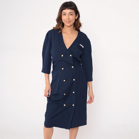 90s Ms. Basia California Navy Double-Breasted Dress Gold Buttons Medium