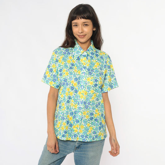 70s Floral Blouse White Yellow Blue Flowers Short Sleeve Pointed Collar Large L