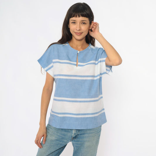 80s Graff Sport Blue White Striped Top Keyhole Neckline Small S