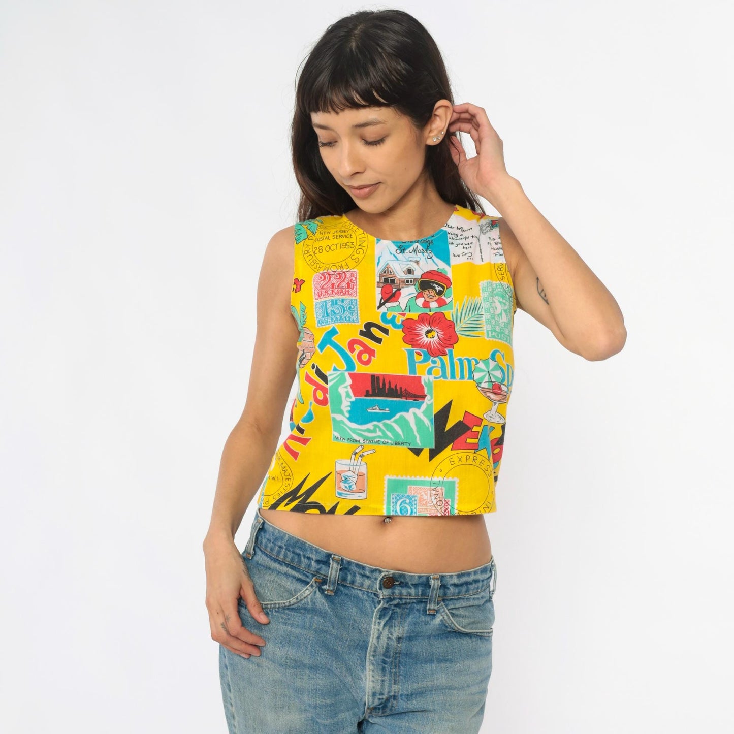 90s Yellow Crop Tank Postcard Print Novelty Sleeveless Top Extra Small XS