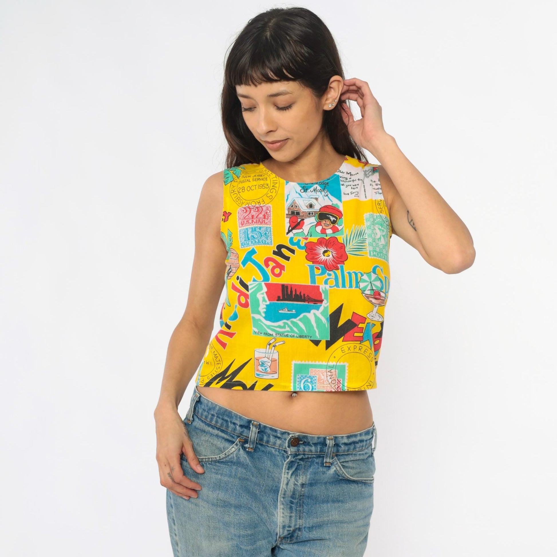 90s Yellow Crop Tank Postcard Print Novelty Sleeveless Top Extra Small XS