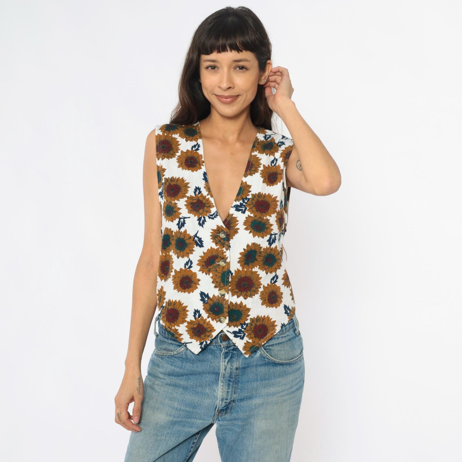 90s Carolina Colours Sunflower Floral Cotton Vest Cream Medium M