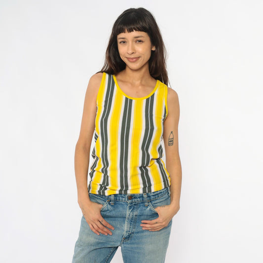 70s Yellow Black White Vertical Stripe Tank Top Scoop Neck Extra Small XS