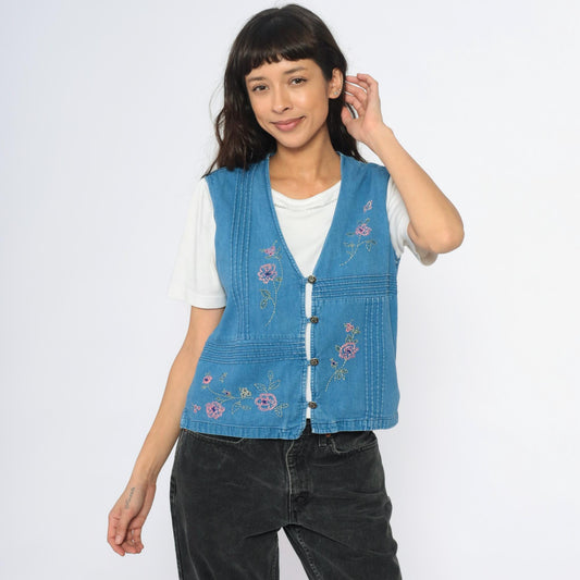 90s Blue Denim Vest Embroidered Floral Button Front Pintuck Small S