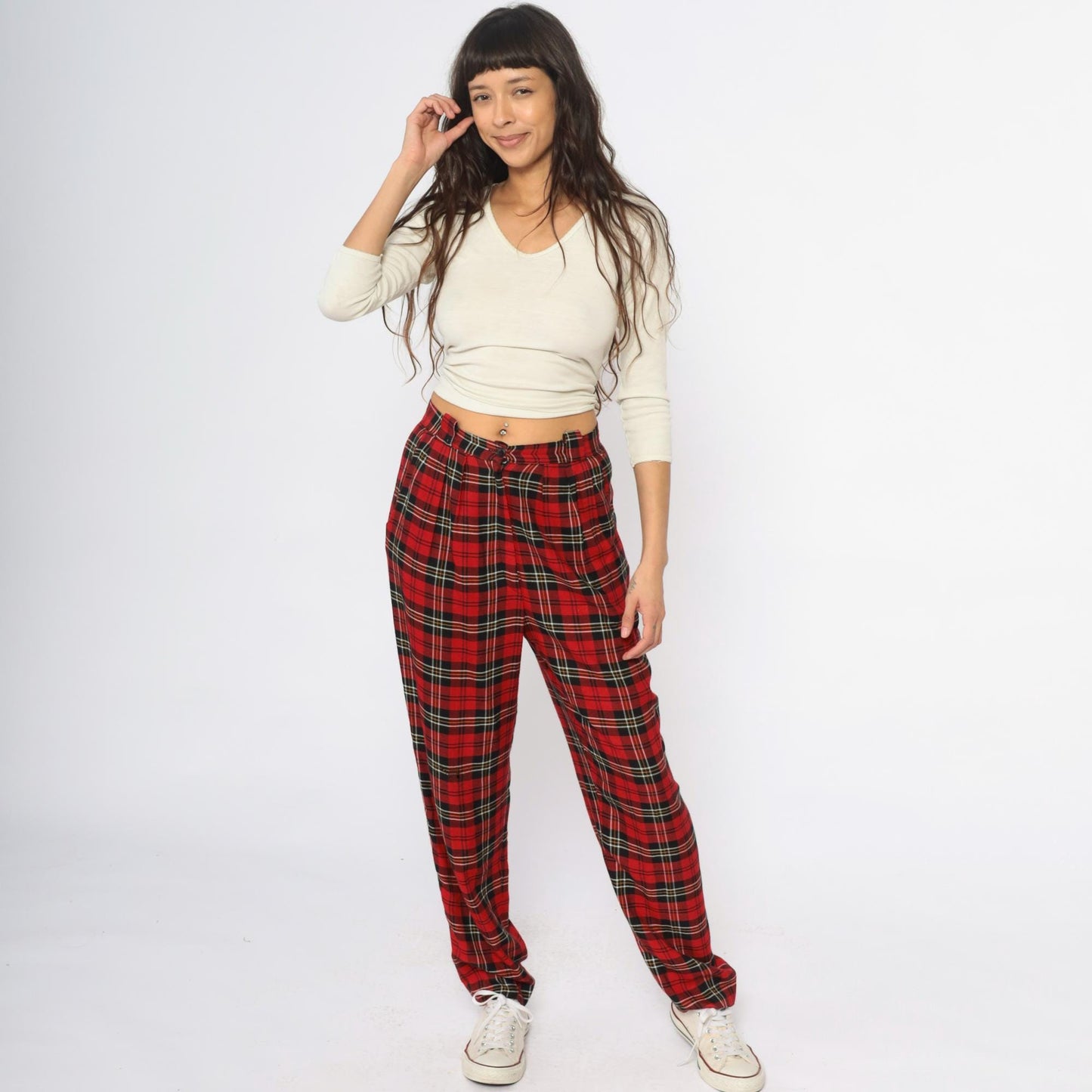 90s Chinicci Red Tartan High-Waist Pleated Trousers Medium