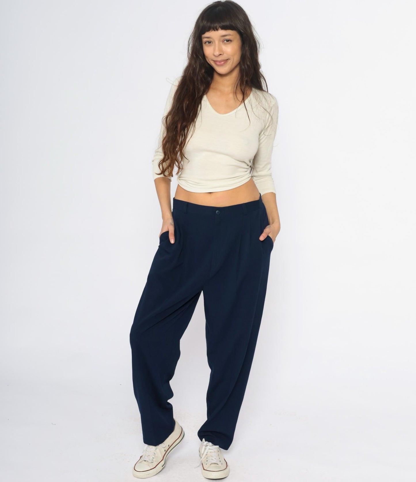 80s Briggs New York Navy Trousers High Rise Elastic Waist Straight Leg Large