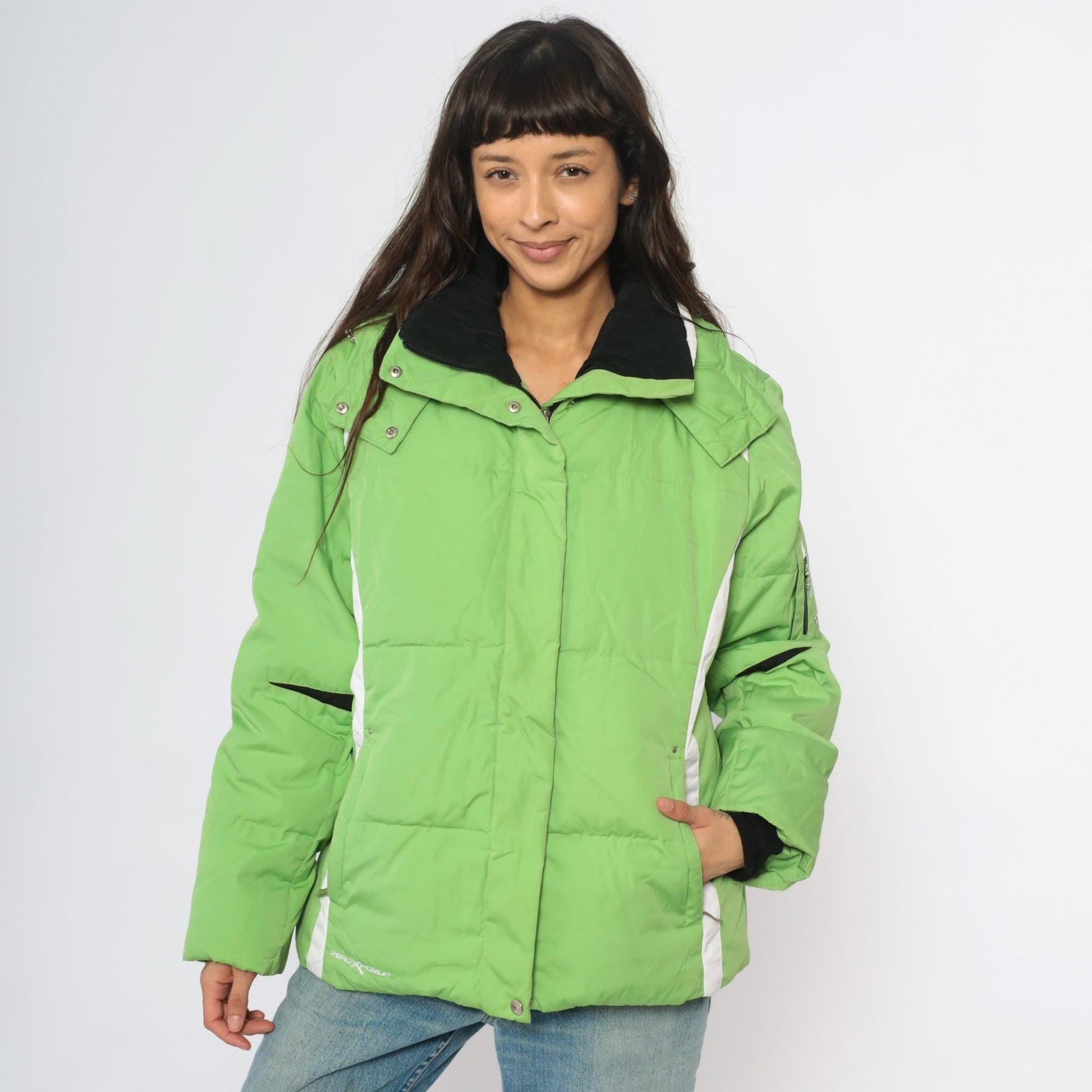 Y2K Zero Xposur Lime Green Colorblock Ski Jacket Hooded Puffer Extra Large