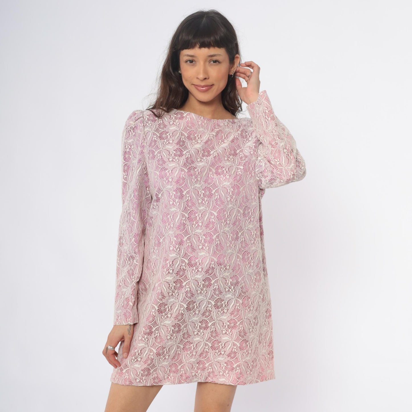 70s Purple Lace Mini Dress Long Sleeve Shift Floral White Overlay Medium M