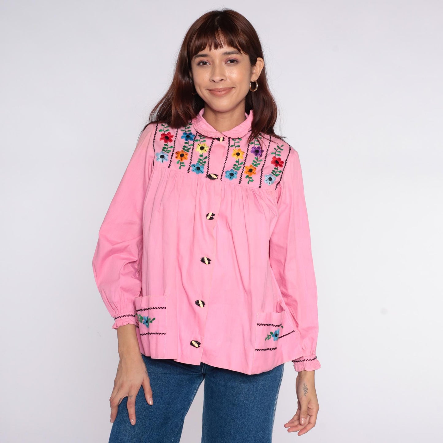 70s Mexican Embroidered Pink Floral Blouse Peter Pan Collar Cotton XS