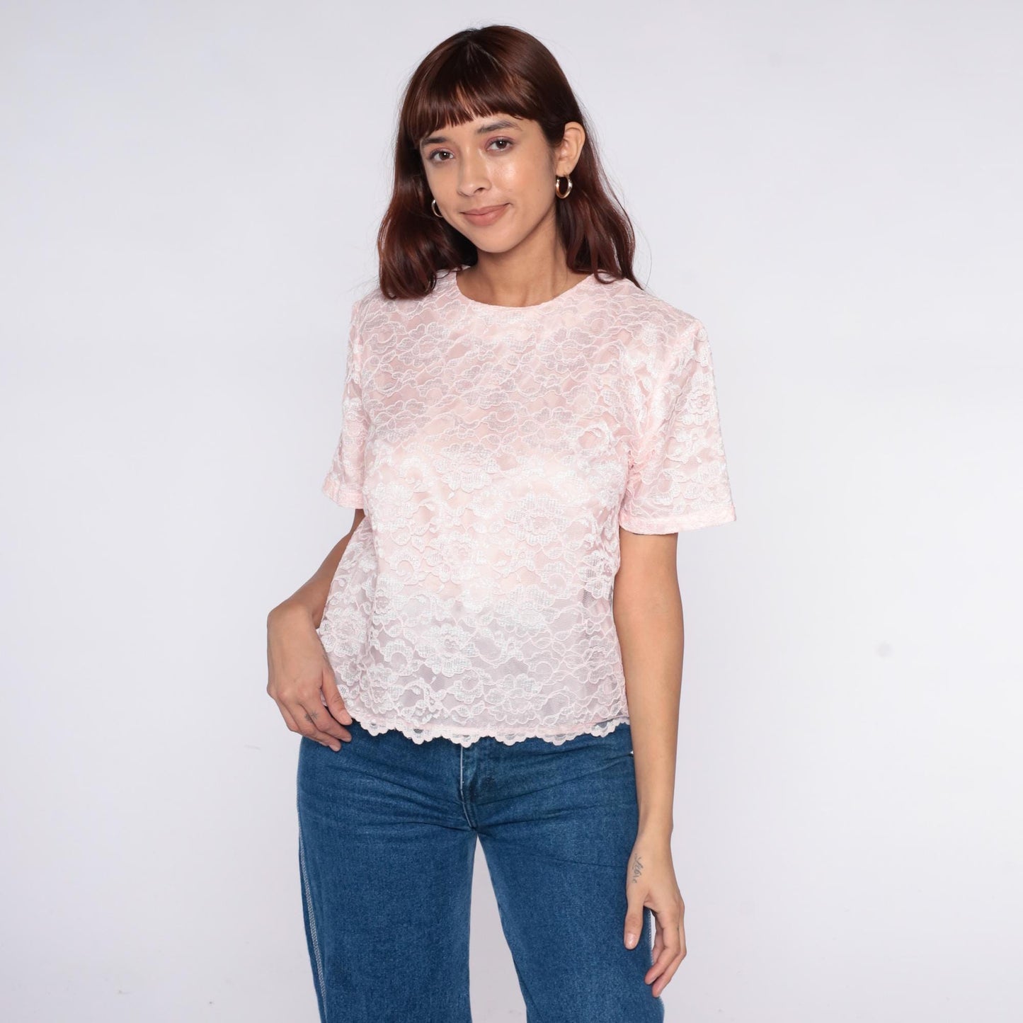 80s Appleseed's Pink Lace Blouse White Floral Scalloped Keyhole Back Medium M