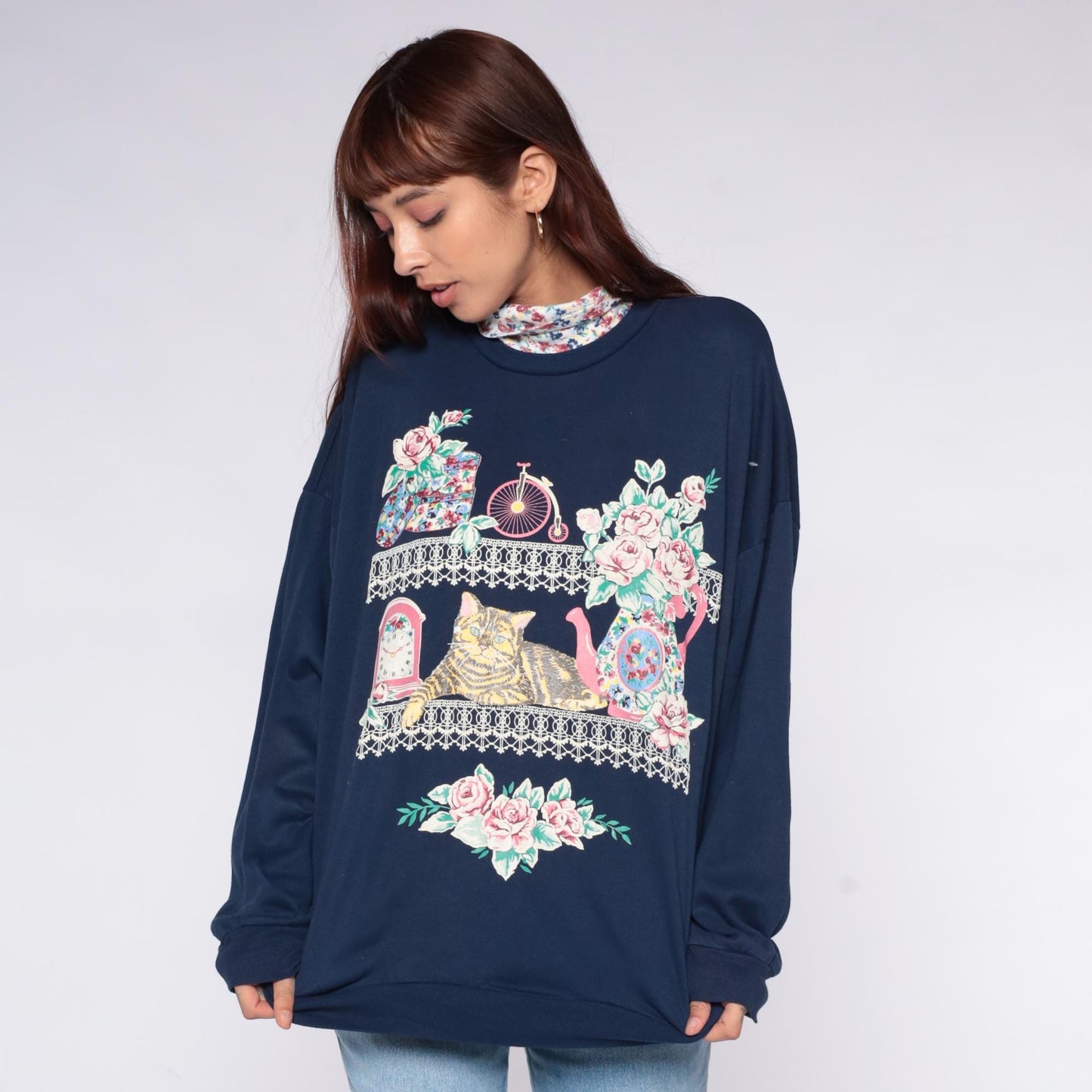 90s Act 3 Cat Sweatshirt Navy Blue Floral Turtleneck Graphic Extra Large XXL