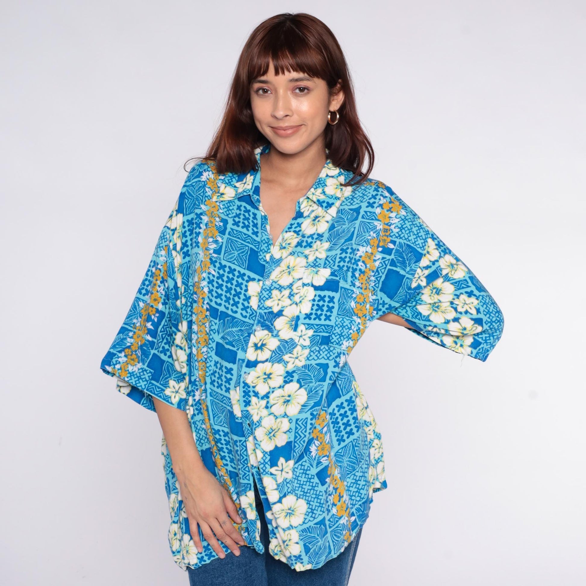 90s Hawaiian Shirt Blue Hibiscus Floral Geometric Print Unisex Extra Large XL