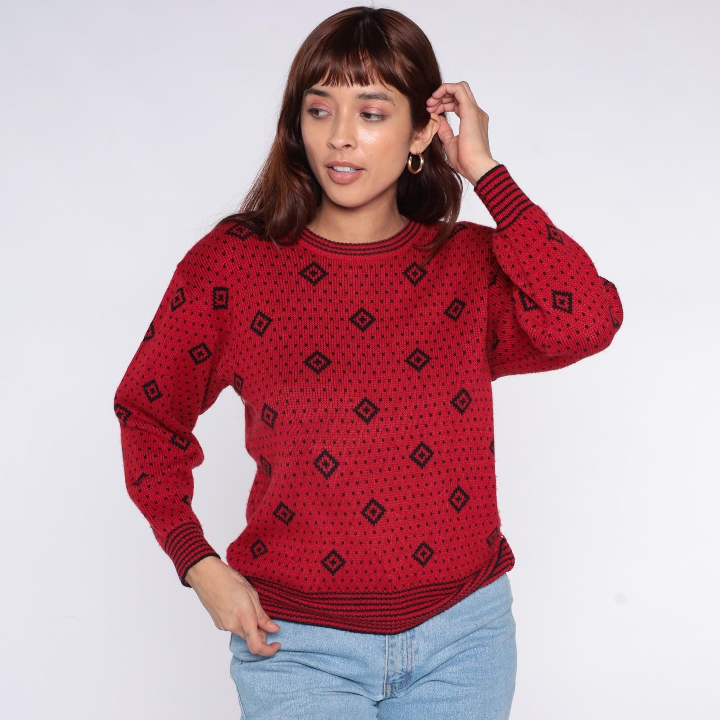 80s Red Geometric Diamond Sweater Black Dot Crew Neck Knit Small S
