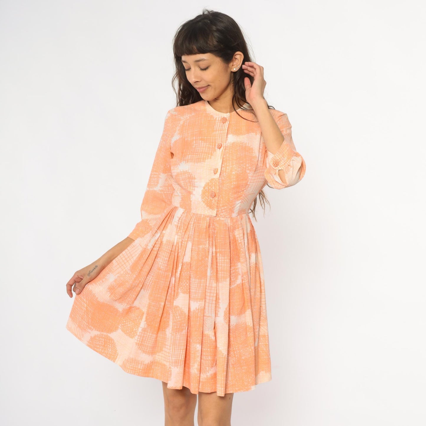 60s Peach Floral Button Front Dress Peter Pan Collar Pleated Skirt XS