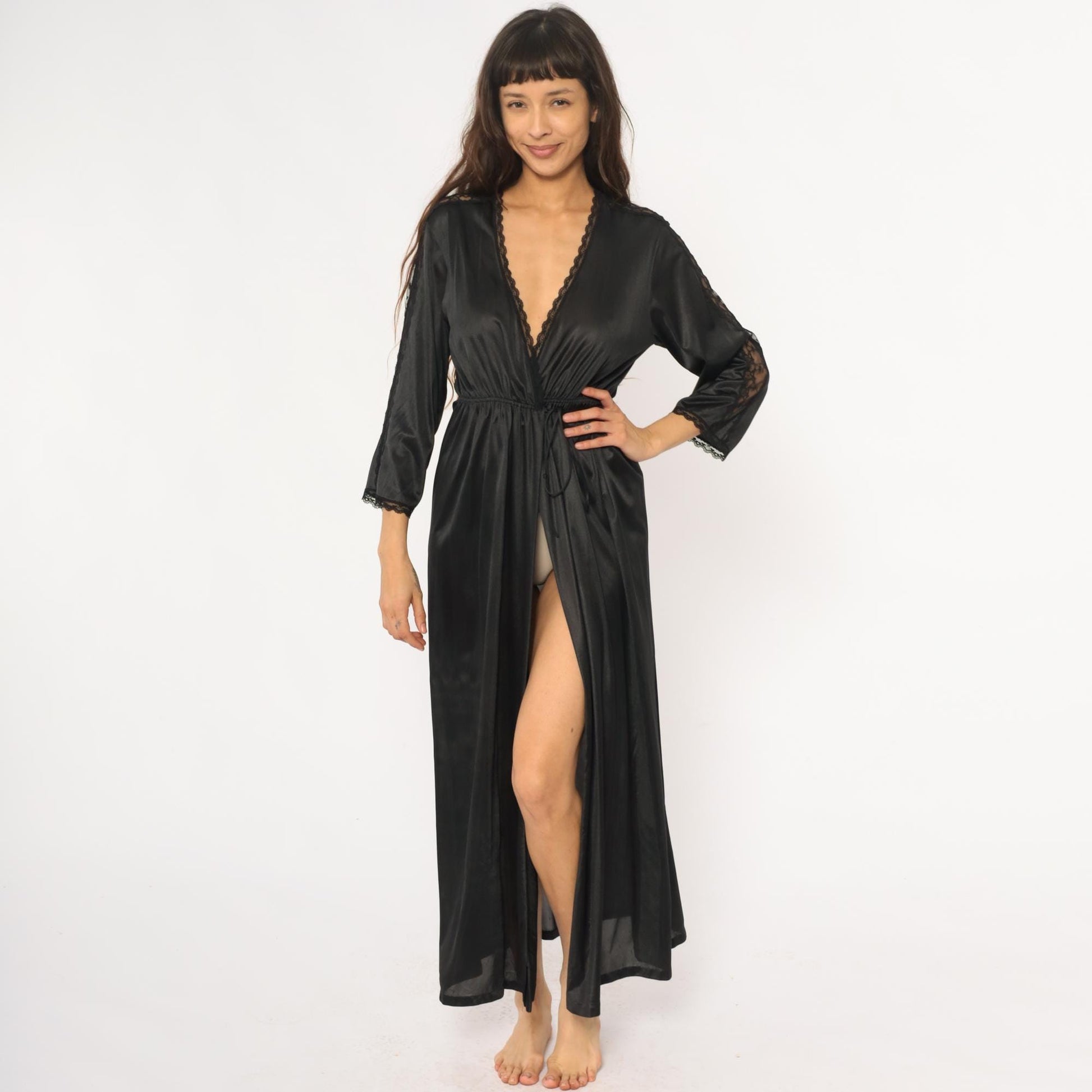 70s Black Nylon Lace Robe Maxi Wrap Front Deep V Neck Tie Waist Small
