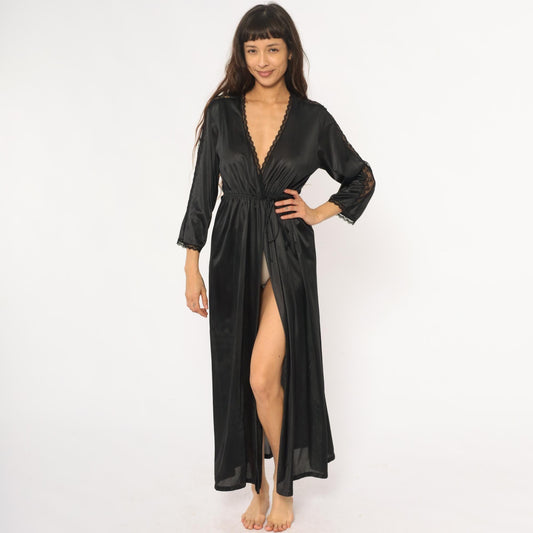 70s Black Nylon Lace Robe Maxi Wrap Front Deep V Neck Tie Waist Small