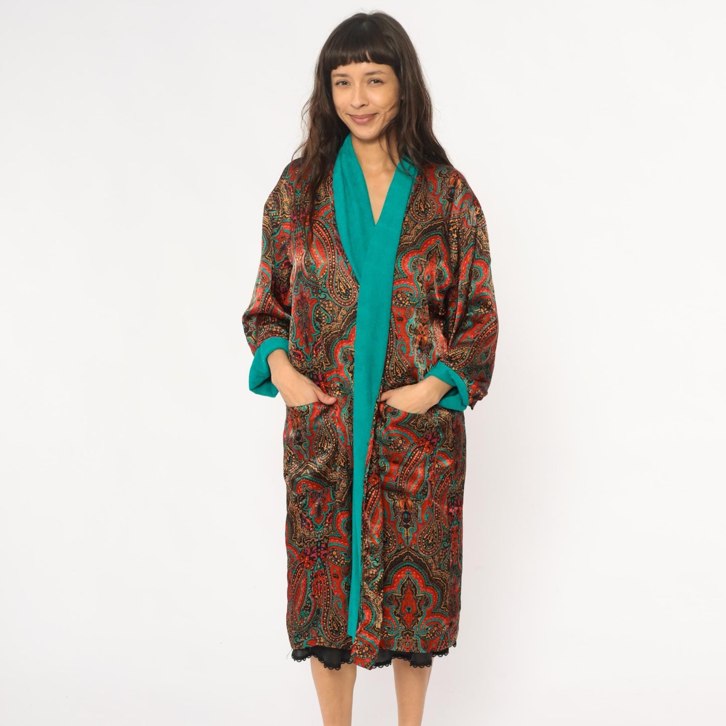 80s Paisley Terrycloth Robe Turquoise Orange Black Lace Trim Knee Length Large