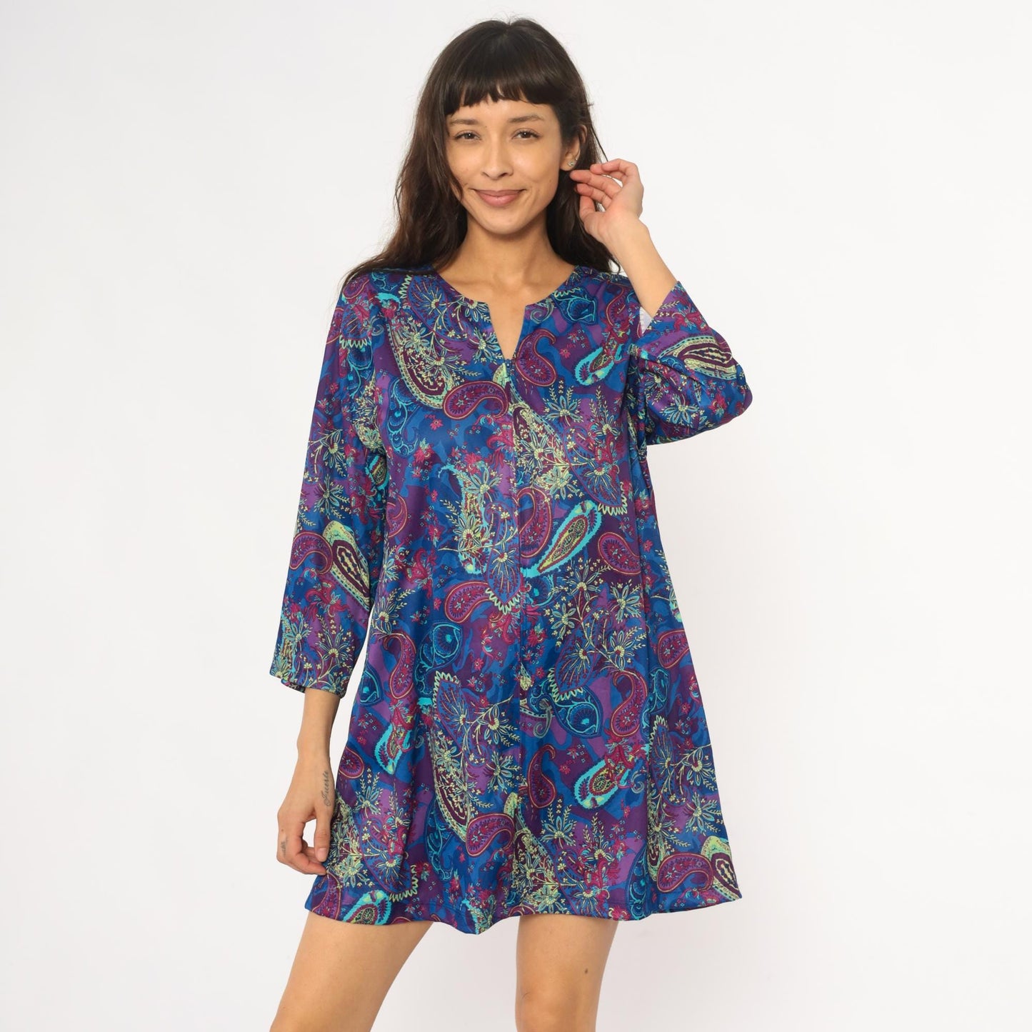 80s Paisley Shift Dress V-Neck Three-Quarter Sleeve Knee Length Large L