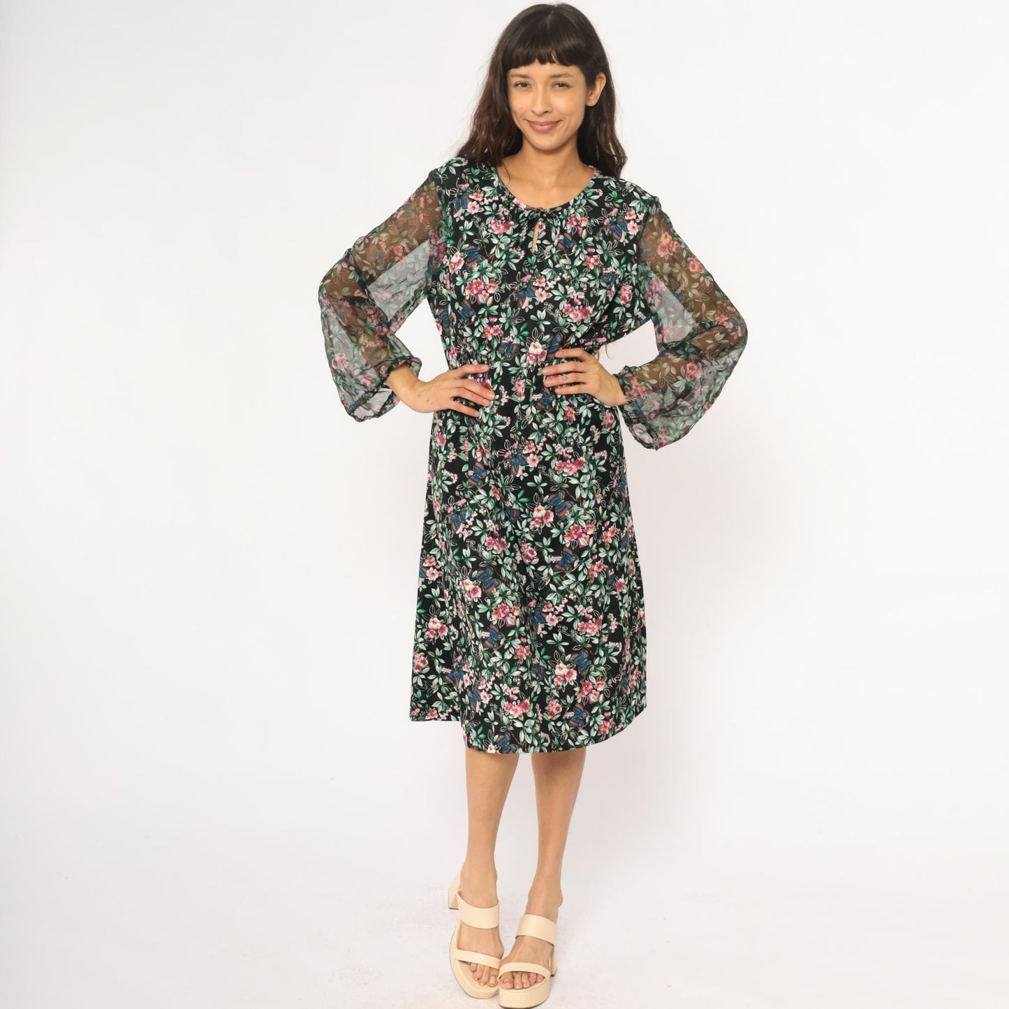 70s Black Floral Midi Dress Butterfly Print V-Neck Long Sleeve Extra Large