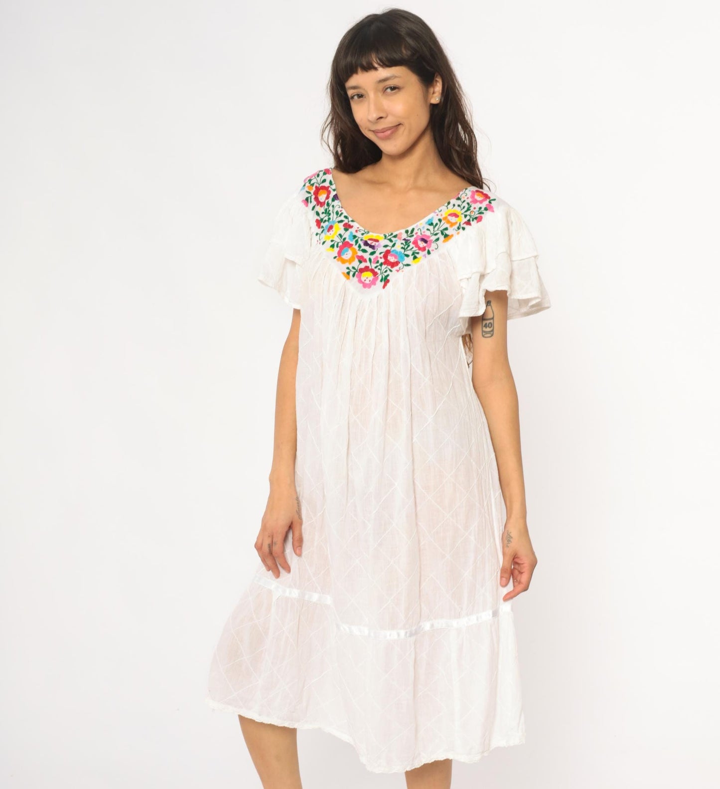 80s Mexican Embroidered White Cotton Midi Dress Floral Flutter Sleeve Small