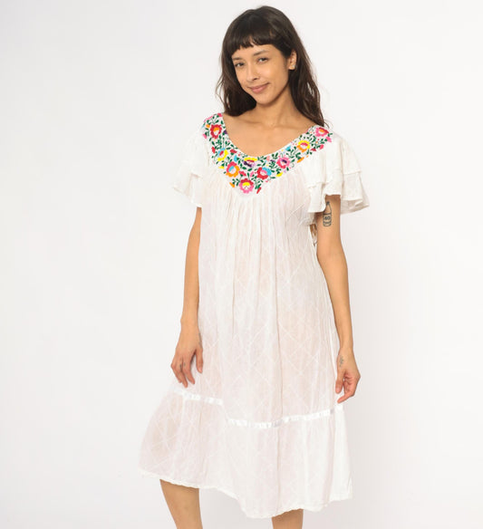 80s Mexican Embroidered White Cotton Midi Dress Floral Flutter Sleeve Small