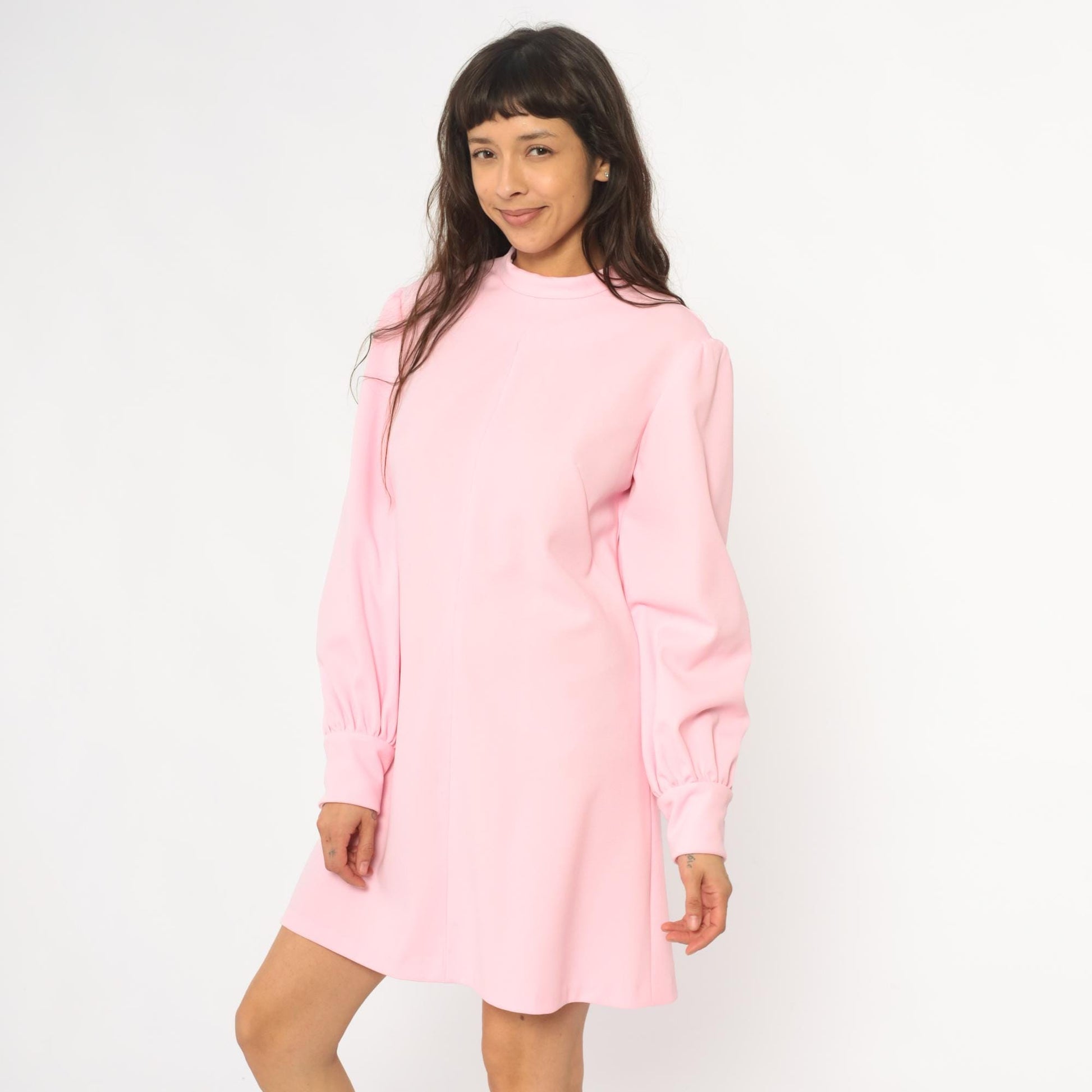 70s Pink Mini Dress Mock Neck Long Sleeve Shift A-Line Puff Sleeve Large L