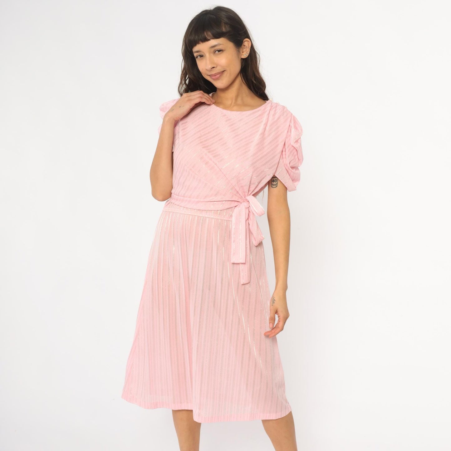 80s Pink Diagonal Stripe Midi Dress Puff Sleeve Tie Waist Small