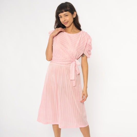 80s Pink Diagonal Stripe Midi Dress Puff Sleeve Tie Waist Small
