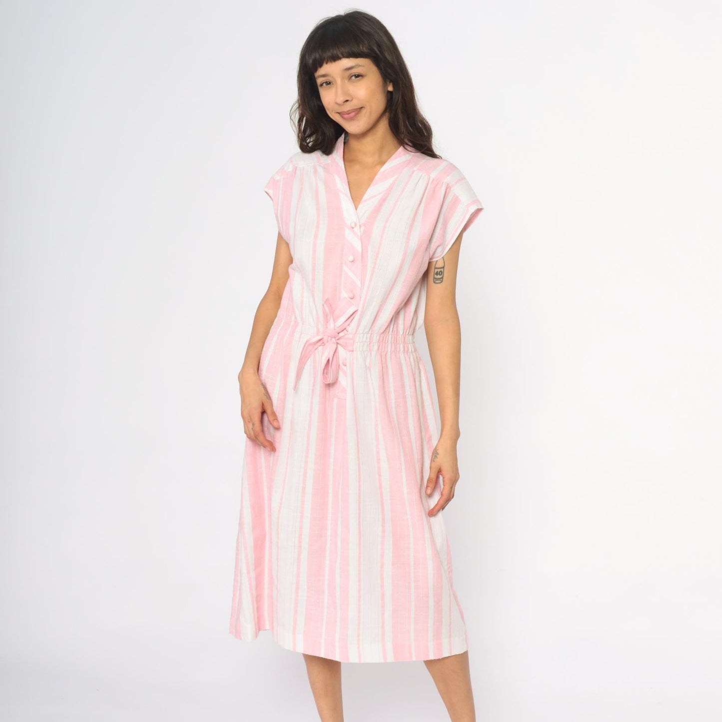 80s Murray Meisner Pink Striped Midi Dress Button Front V-Neck Small
