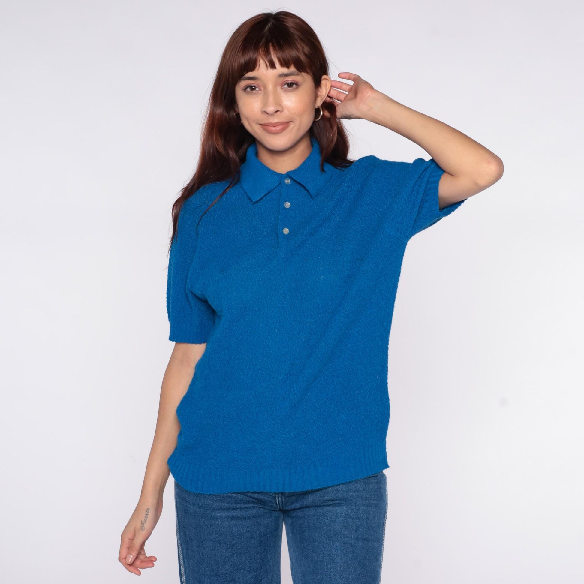 70s Wintuk Continental Blue Polo Shirt Ribbed Knit Small