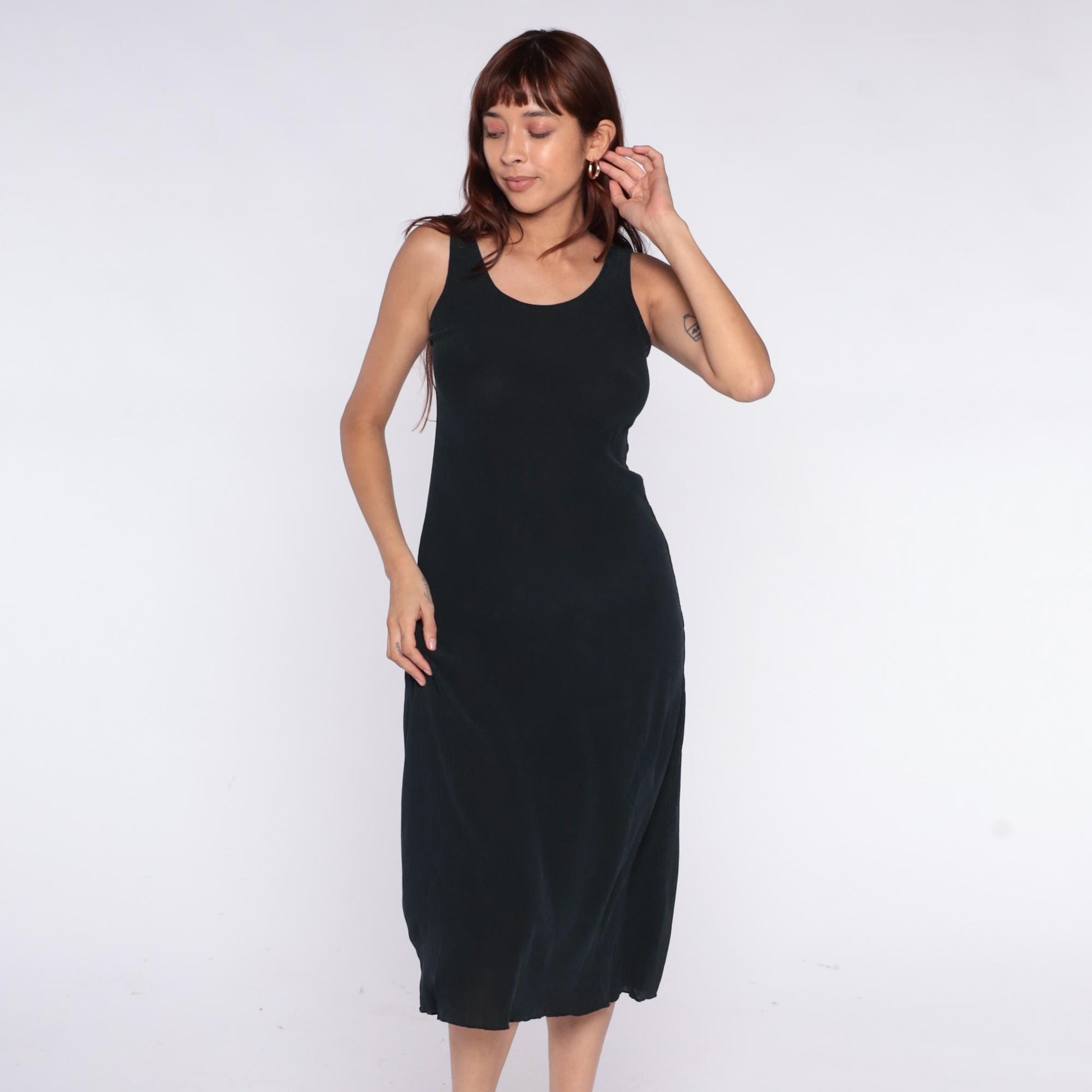 90s Black Midi Dress Sleeveless Scoop Neck Racerback Tank Small S